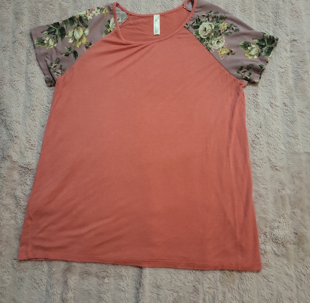 Coral Women's Top with Floral Sleeves